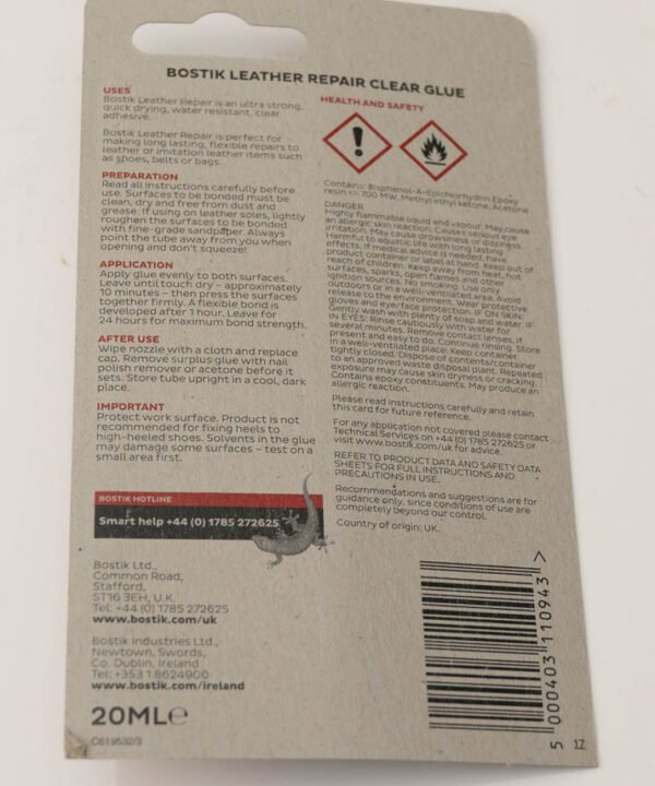 Bostik Leather Repair Glue Clear - 20ml Tube - Extra Strong Quick Drying