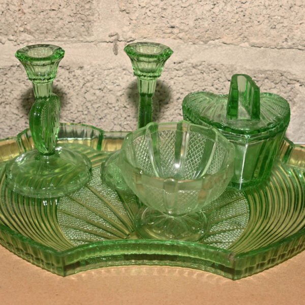 Art deco Green Glass - Vanity Set - 2x Candle Holders, Jewellery Box, Bowl etc